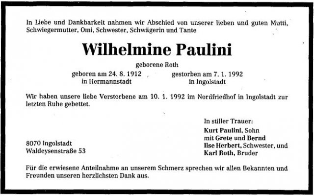 Roth Wilhelmine 1912-1992 Todesanzeige